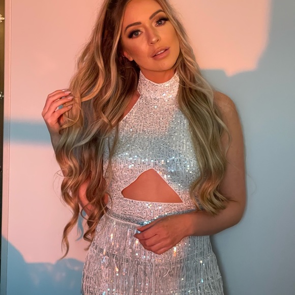 Silver Belle Cut Out Fringe Backless Sequin Halter Dress - Picture 2 of 4